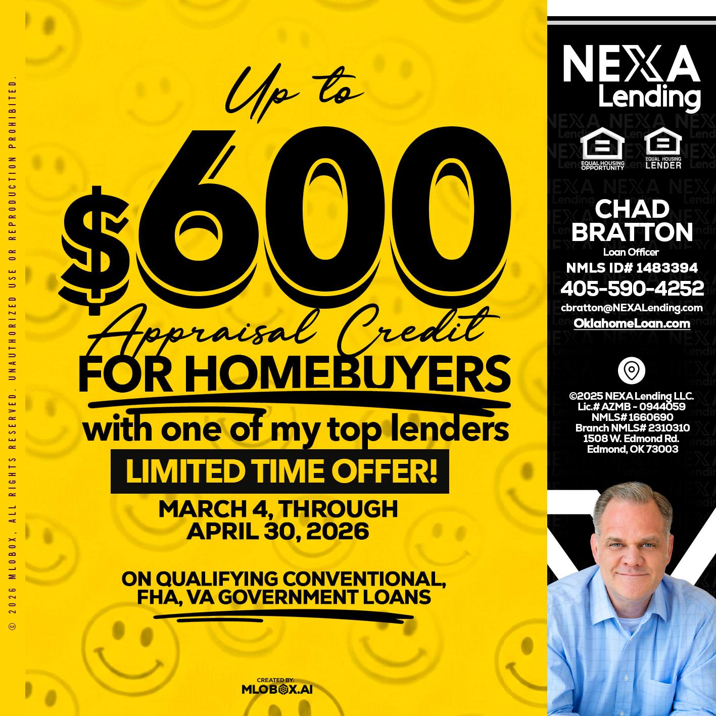 UP TO 600 - Chad Bratton -Senior Loan Officer