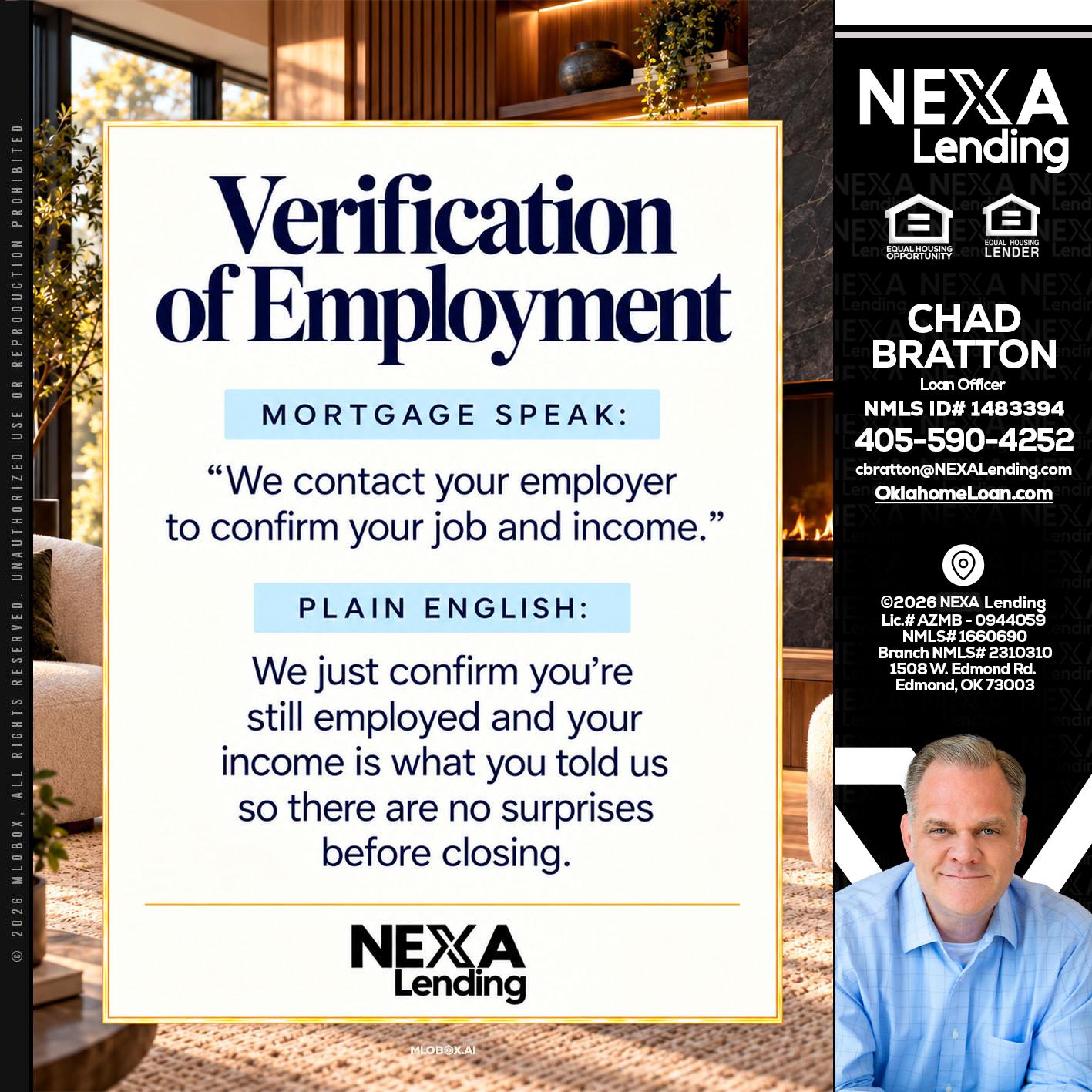 VERIFICATION OF EMPLOYMENT - Chad Bratton -Senior Loan Officer